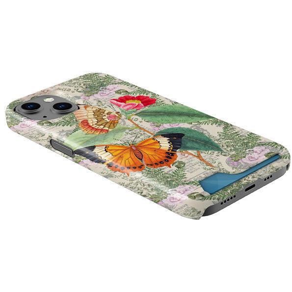 Hard plastic phone case featuring orange butterflies, floral patterns, and a convenient hidden card slot.