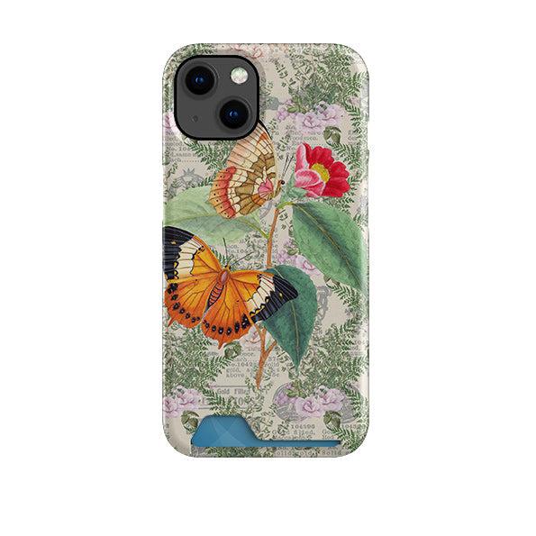Hard plastic phone case with vintage butterfly and floral print, featuring a convenient bottom hidden card slot.