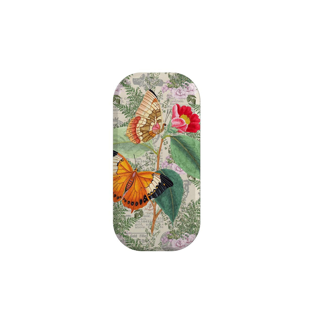 Butterfly Stories Handyhalter mit vintage botanischem Druck, der orangefarbene Schmetterlinge, rosa Blumen und Schreibschrifttext zeigt.