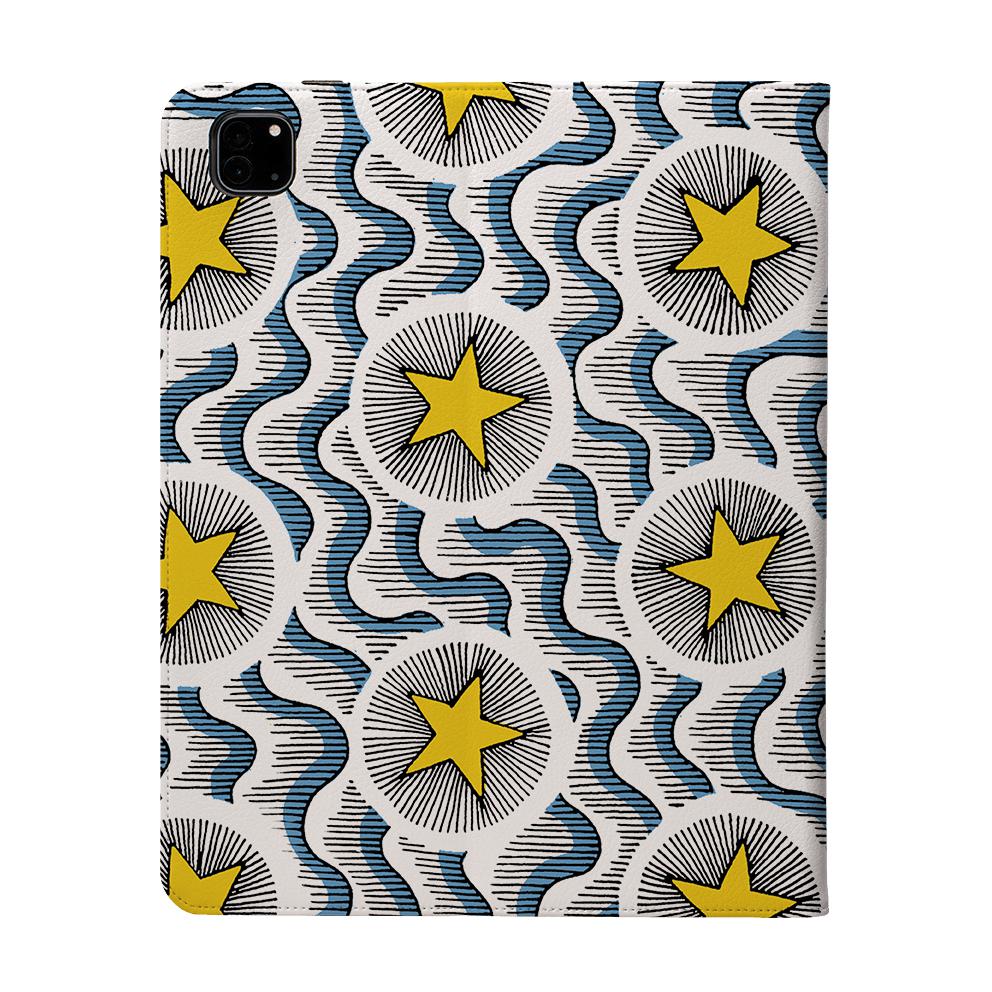 Celestial vegan leather iPad Pro case with a yellow star and blue wavy line pattern on a white background.