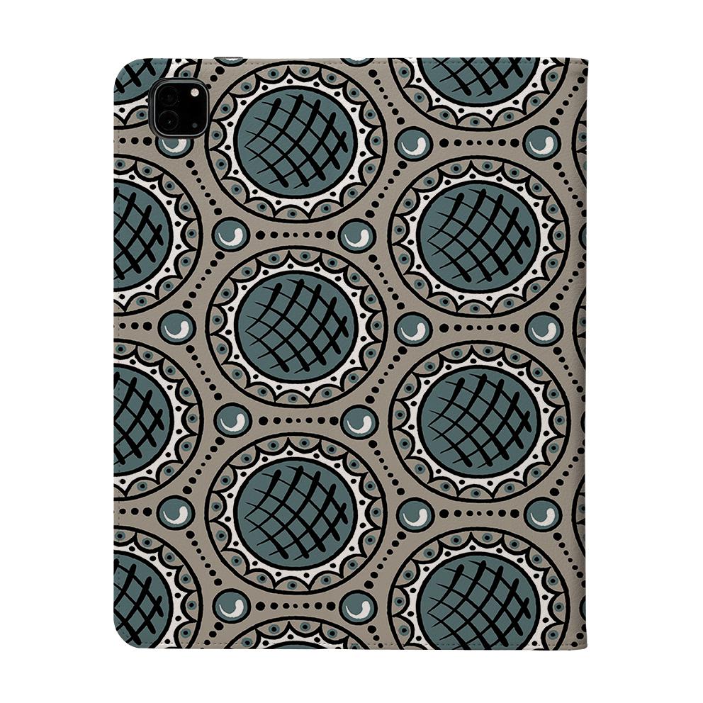 Charleston Green vegan leather iPad Pro case with a geometric circular pattern and satin finish.