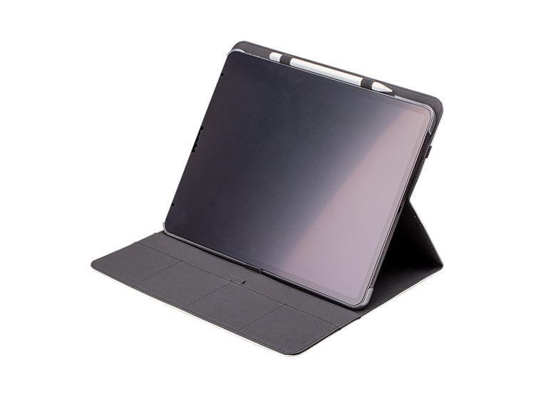 Charleston Green vegan leather iPad Pro case with magnetic pen holder and grey elastic fastening.