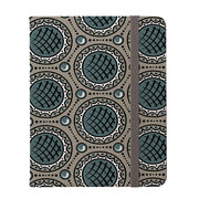 Charleston Green vegan leather iPad Pro case with a geometric circular pattern and a grey elastic strap closure.