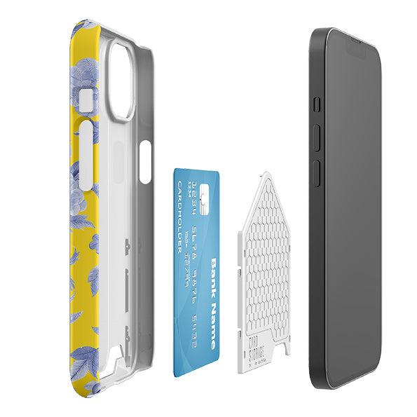 Yellow phone case with blue floral print, featuring a sliding hard shell, hidden card slot, and space for one credit card.