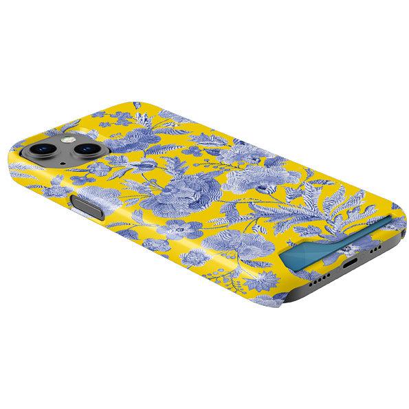 Yellow phone case with blue floral pattern, featuring a hard plastic shell and a convenient hidden credit card slot.