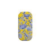 Chartwell Flickit phone stand featuring a vibrant yellow background with a detailed blue floral botanical pattern.