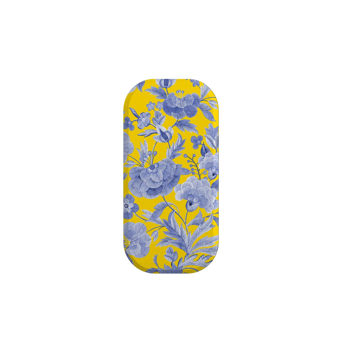 Chartwell Flickit phone stand featuring a vibrant yellow background with a detailed blue floral botanical pattern.