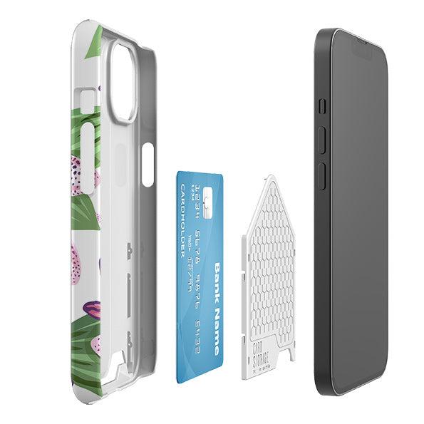 Chelsea floral phone case with a sliding hard shell, hidden card slot, and space for one credit card.
