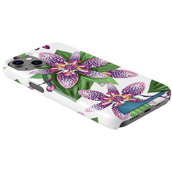 White phone case with purple spotted floral print and a convenient sliding hidden card slot on the back.