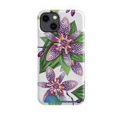 Chelsea floral phone case with a purple spotted flower print, green leaves, and a built-in card slot on a white shell.