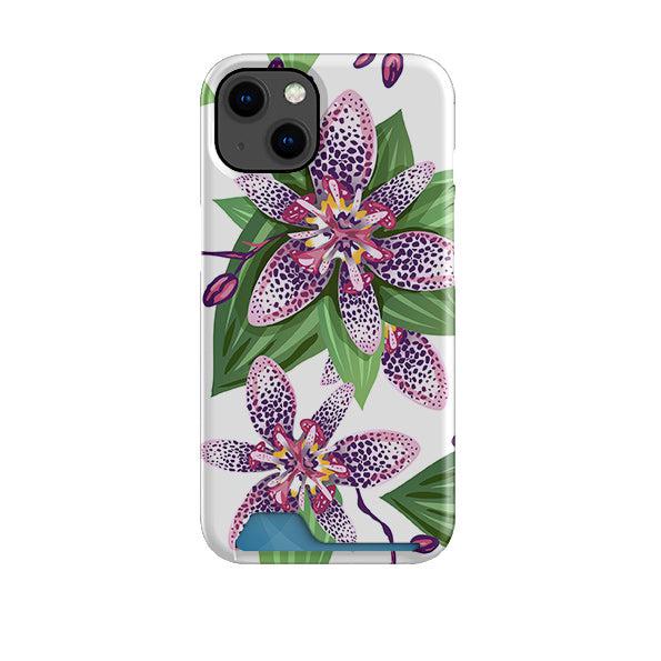 Chelsea floral phone case with a purple spotted flower print, green leaves, and a built-in card slot on a white shell.