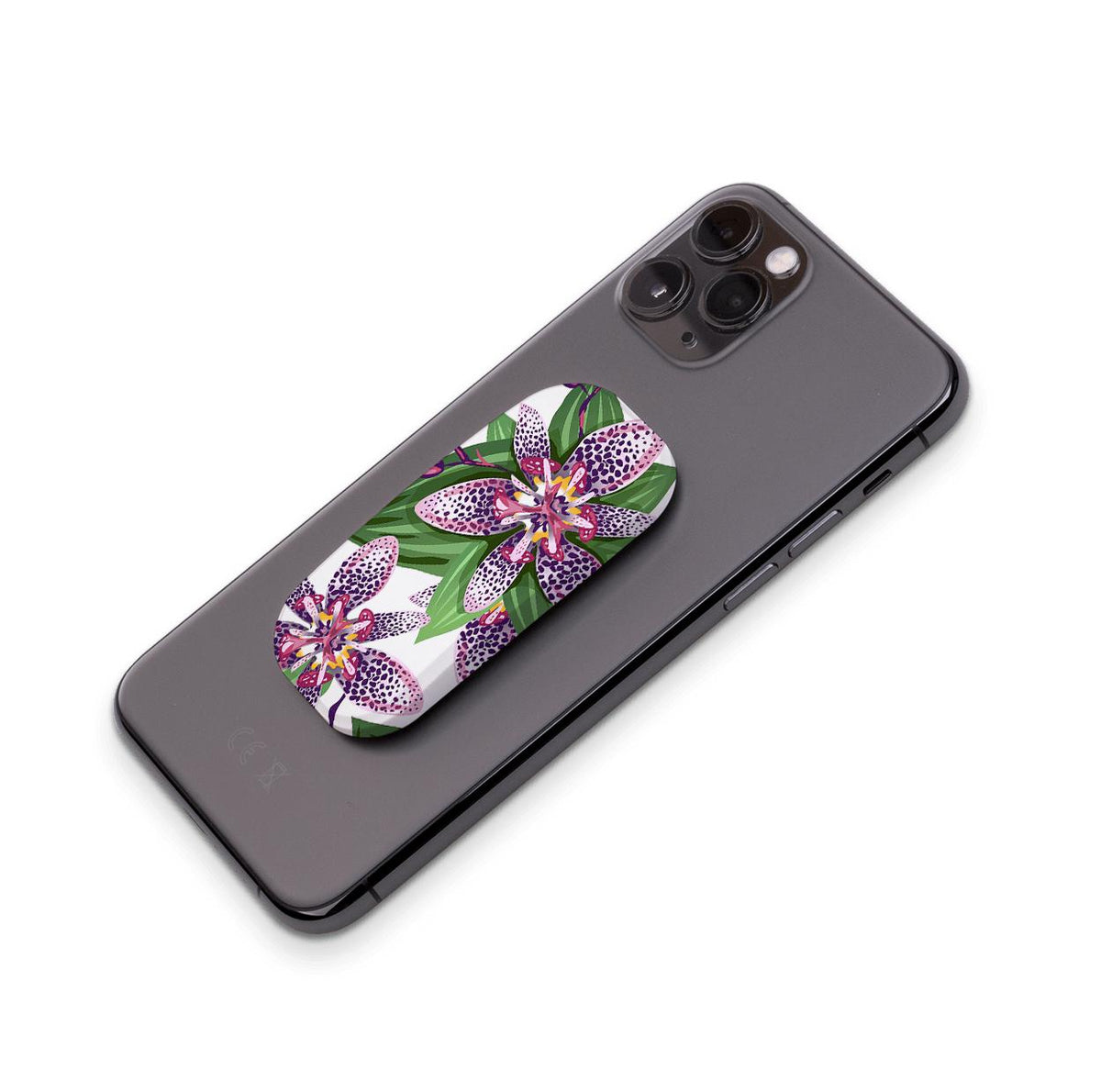 Support de téléphone Clickit floral Chelsea orné de fleurs violettes tachetées fixées à l'arrière d'un smartphone noir