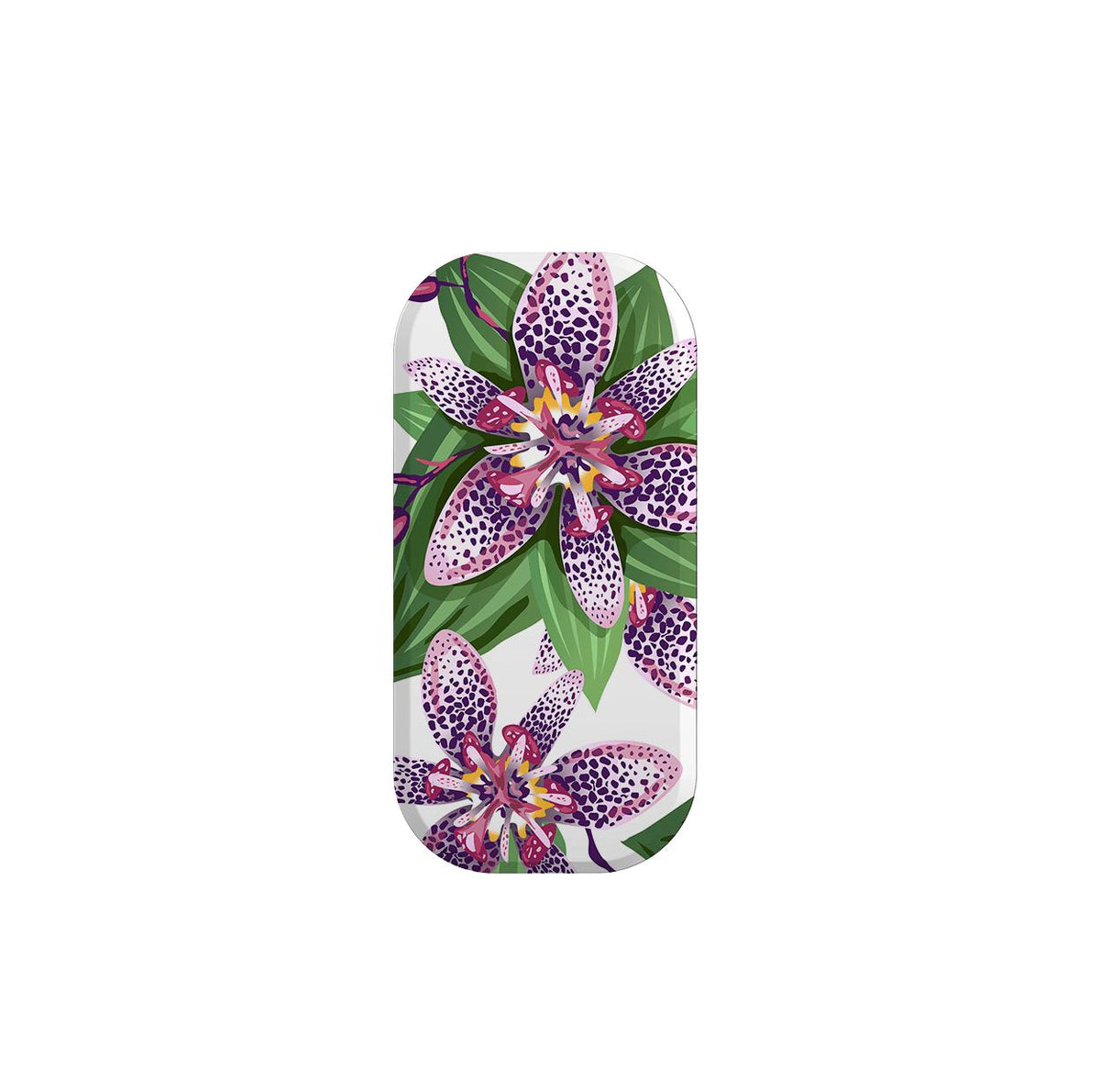 Support de téléphone ovale présentant un motif floral vibrant à pois violets et blancs avec des feuilles vertes sur un fond blanc