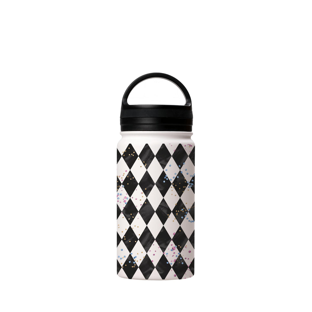 Water Bottles-Chequers Insulated Stainless Steel Water Bottle-12oz (350ml)-handle cap-Insulated Steel Water Bottle Our insulated stainless steel bottle comes in 3 sizes- Small 12oz (350ml), Medium 18oz (530ml) and Large 32oz (945ml) . It comes with a leak proof cap Keeps water cool for 24 hours Also keeps things warm for up to 12 hours Choice of 3 lids ( Sport Cap, Handle Cap, Flip Cap ) for easy carrying Dishwasher Friendly Lightweight, durable and easy to carry Reusable, so it's safe for the p