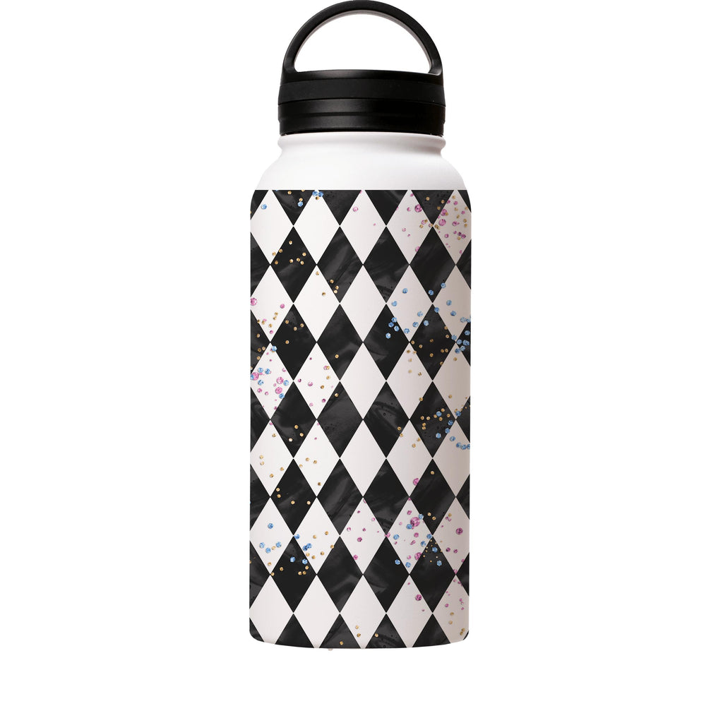 Water Bottles-Chequers Insulated Stainless Steel Water Bottle-32oz (945ml)-handle cap-Insulated Steel Water Bottle Our insulated stainless steel bottle comes in 3 sizes- Small 12oz (350ml), Medium 18oz (530ml) and Large 32oz (945ml) . It comes with a leak proof cap Keeps water cool for 24 hours Also keeps things warm for up to 12 hours Choice of 3 lids ( Sport Cap, Handle Cap, Flip Cap ) for easy carrying Dishwasher Friendly Lightweight, durable and easy to carry Reusable, so it's safe for the p