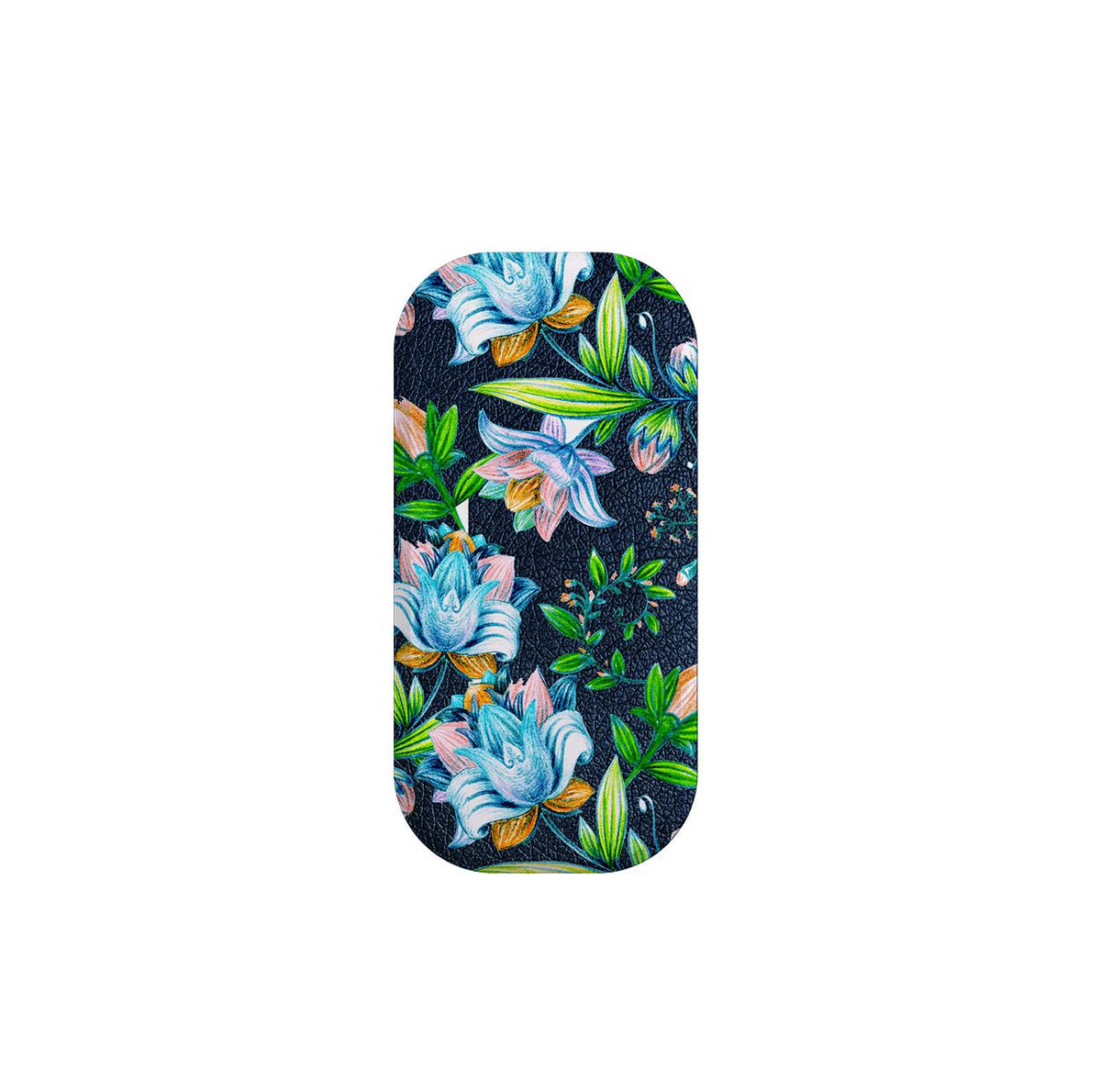 Chester phone stand with a textured black background featuring a vibrant blue and green floral botanical print.