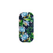 Chester phone stand with a textured black background featuring a vibrant blue and green floral botanical print.