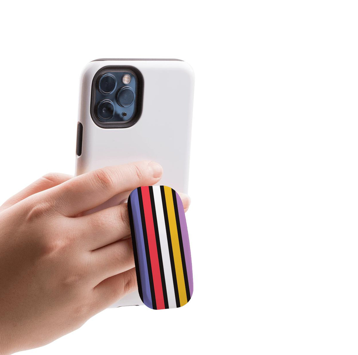 Hand holding a white smartphone with a vertical, multi-colored striped Cheyenne phone stand grip attached.