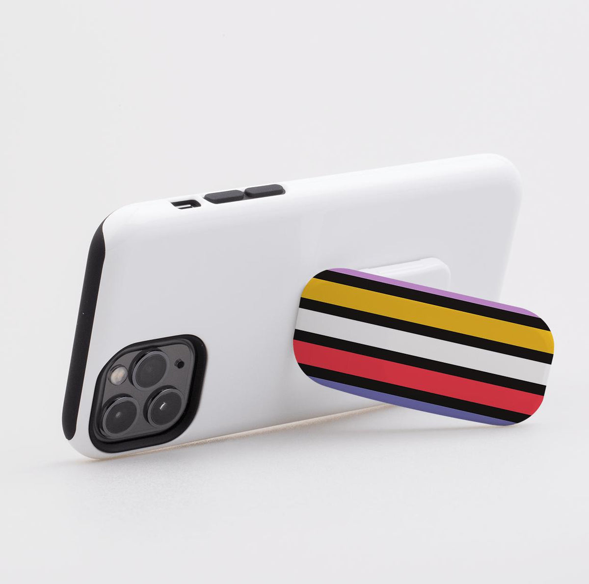 Cheyenne phone stand with a vibrant multi-colored striped pattern attached to the back of a white smartphone case.