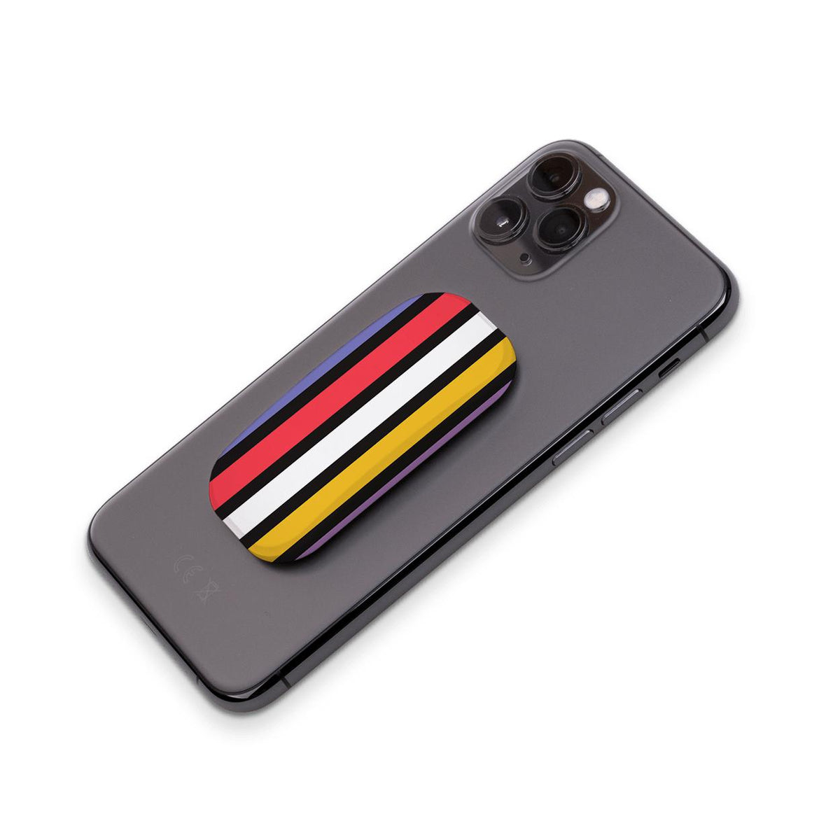 Cheyenne phone stand with a vibrant red, white, yellow, and purple striped design attached to the back of a smartphone.