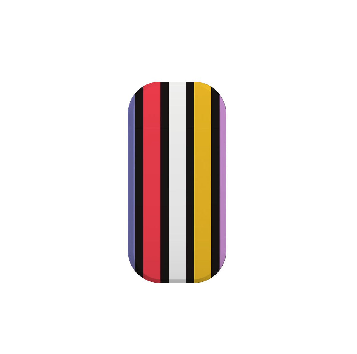 Cheyenne phone stand with a vertical striped pattern in red, white, yellow, and purple on a rounded rectangular base.