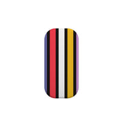 Cheyenne phone stand with a vertical striped pattern in red, white, yellow, and purple on a rounded rectangular base.