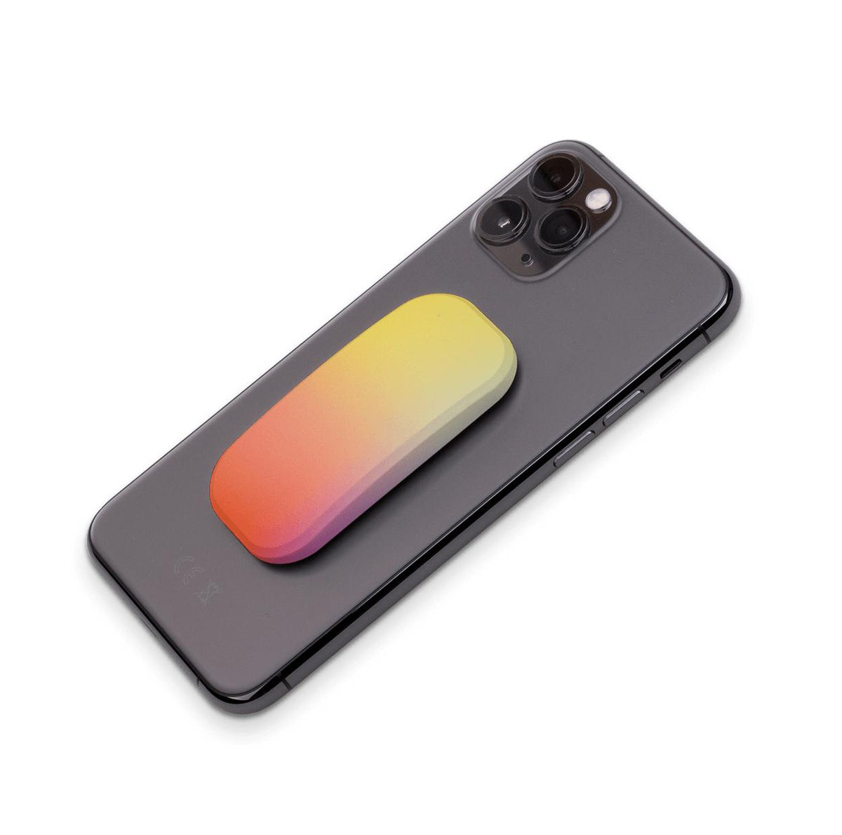 Chibo Clickit phone stand with a yellow-to-orange gradient attached to the back of a dark grey smartphone.