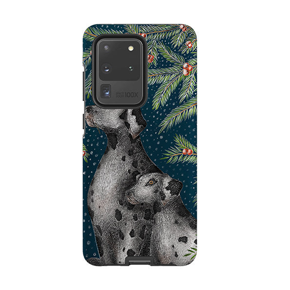 Samsung phone case-Christmas Dalmatians By Catherine Rowe-Product Details Raised bevel to protect screen from scratches. Impact resistant polycarbonate shell and shock absorbing inner TPU liner. Secure fit with design wrapping around side of the case and full access to ports. Compatible with Qi-standard wireless charging. Thickness 1/8 inch (3mm), weight 30g. Compatibility See drop down menu for options, please select the right case as we print to order.-Stringberry