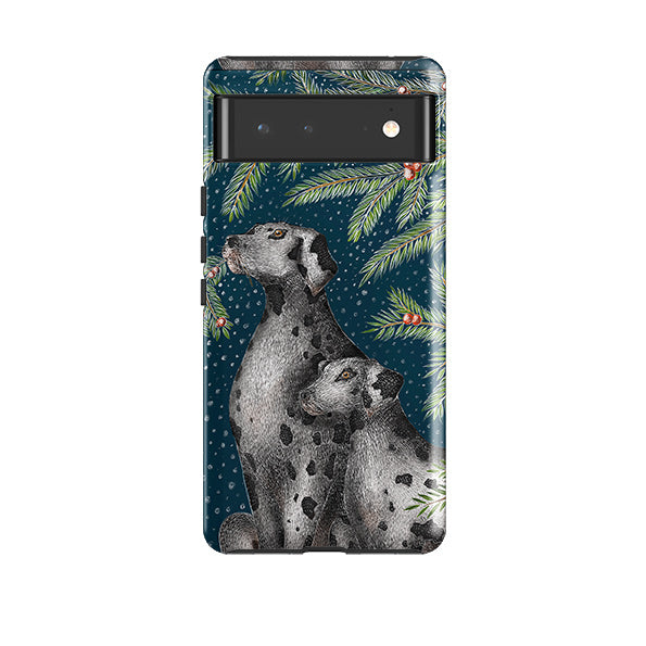 Google phone case-Christmas Dalmatians By Catherine Rowe-Product Details Raised bevel to protect screen from scratches. Impact resistant polycarbonate shell and shock absorbing inner TPU liner. Secure fit with design wrapping around side of the case and full access to ports. Compatible with Qi-standard wireless charging. Thickness 1/8 inch (3mm), weight 30g. Compatibility See drop down menu for options, please select the right case as we print to order.-Stringberry