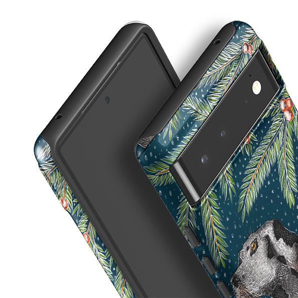 Google phone case-Christmas Dalmatians By Catherine Rowe-Product Details Raised bevel to protect screen from scratches. Impact resistant polycarbonate shell and shock absorbing inner TPU liner. Secure fit with design wrapping around side of the case and full access to ports. Compatible with Qi-standard wireless charging. Thickness 1/8 inch (3mm), weight 30g. Compatibility See drop down menu for options, please select the right case as we print to order.-Stringberry