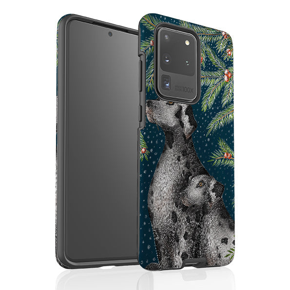 Samsung phone case-Christmas Dalmatians By Catherine Rowe-Product Details Raised bevel to protect screen from scratches. Impact resistant polycarbonate shell and shock absorbing inner TPU liner. Secure fit with design wrapping around side of the case and full access to ports. Compatible with Qi-standard wireless charging. Thickness 1/8 inch (3mm), weight 30g. Compatibility See drop down menu for options, please select the right case as we print to order.-Stringberry