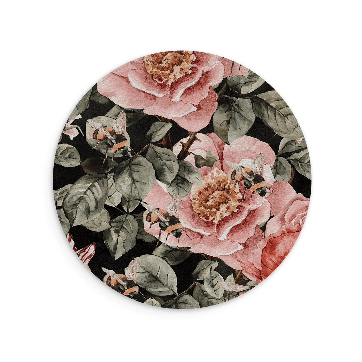 Tapis de souris rond en cuir végétal avec un motif floral et d'abeilles, orné de fleurs roses et de feuilles vertes sur fond noir