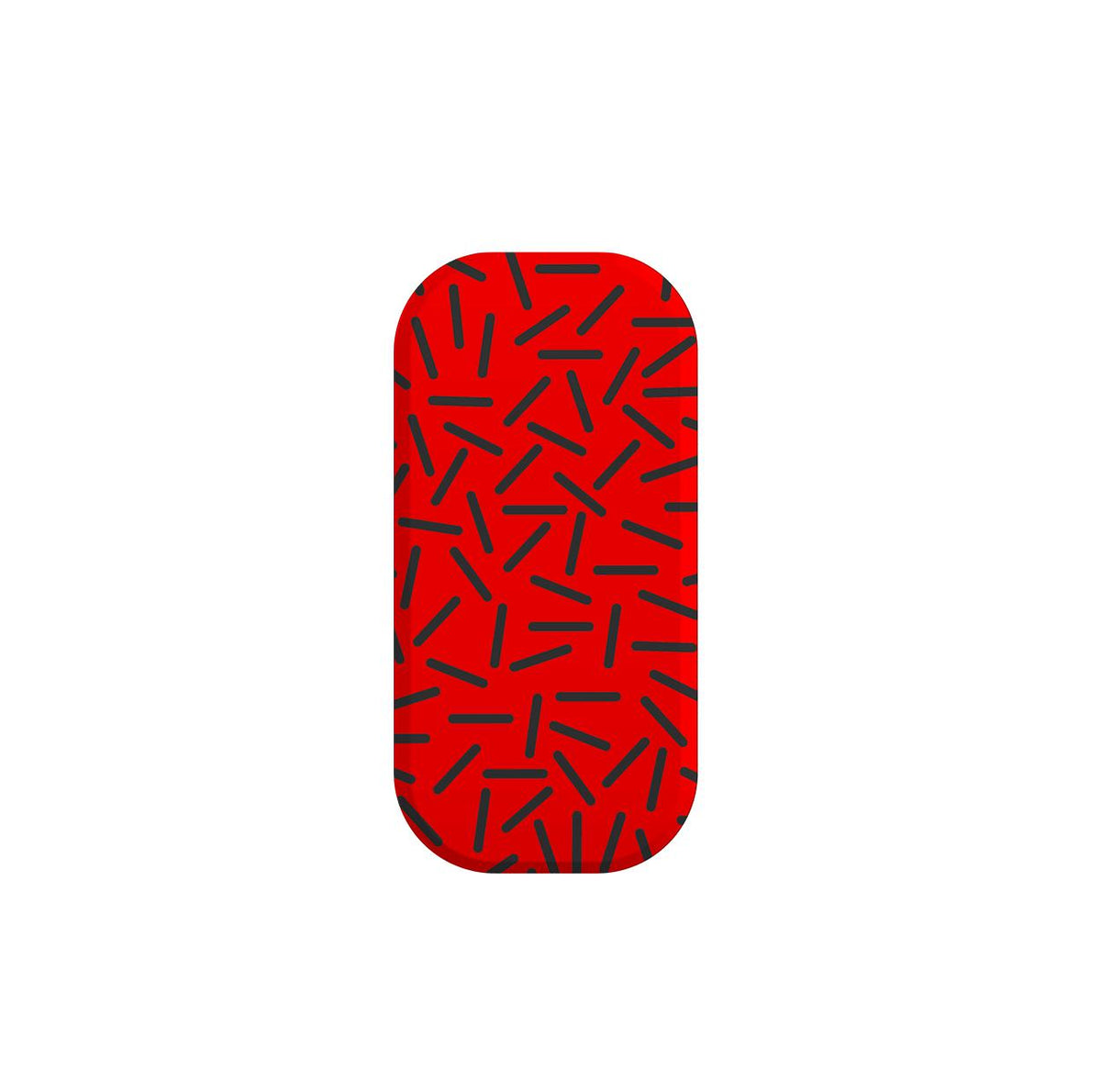 Red rectangular Flickit phone stand featuring a playful black confetti pattern on a smooth, rounded surface.