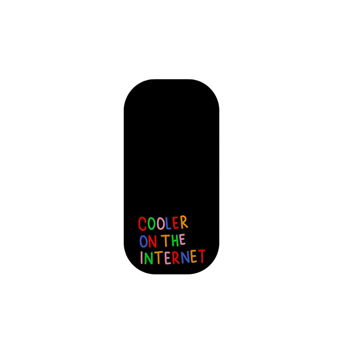 Black rectangular Flickit phone stand with rounded corners and colorful Cooler on the Internet text.