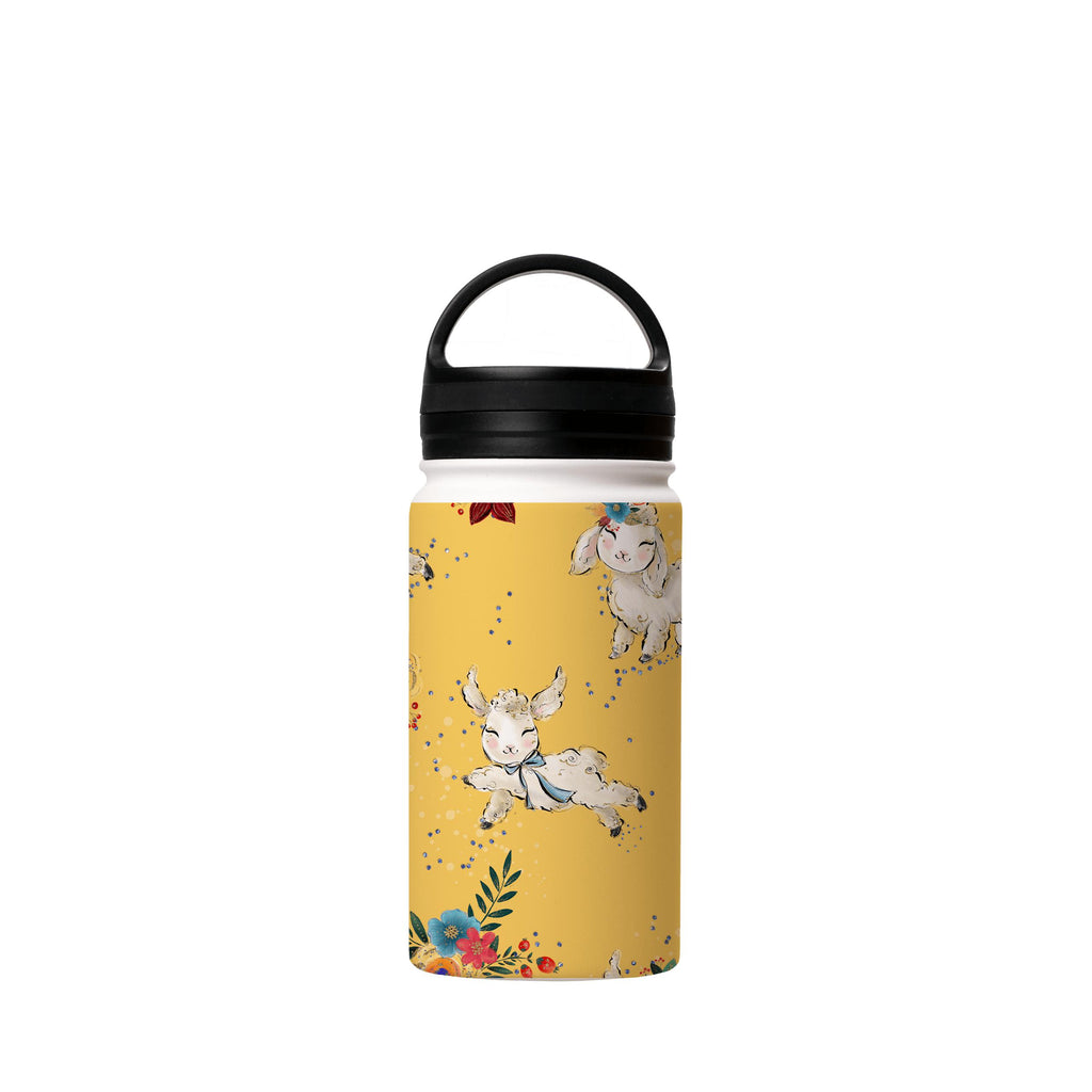 Water Bottles-Cute Yellow Insulated Stainless Steel Water Bottle-12oz (350ml)-handle cap-Insulated Steel Water Bottle Our insulated stainless steel bottle comes in 3 sizes- Small 12oz (350ml), Medium 18oz (530ml) and Large 32oz (945ml) . It comes with a leak proof cap Keeps water cool for 24 hours Also keeps things warm for up to 12 hours Choice of 3 lids ( Sport Cap, Handle Cap, Flip Cap ) for easy carrying Dishwasher Friendly Lightweight, durable and easy to carry Reusable, so it's safe for th