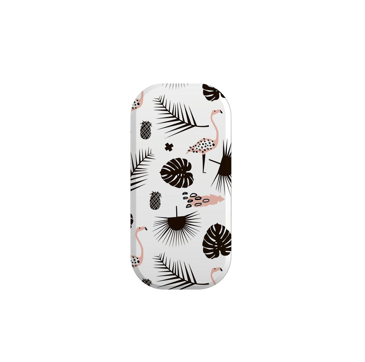 Oval phone stand featuring a white background with black palm leaves, pineapples, and pink flamingo illustrations.
