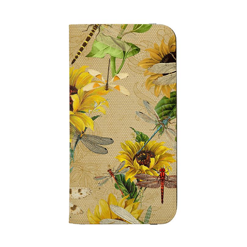 Étui portefeuille pour téléphone - Libellules et Tournesol - Étui portefeuille en cuir végétalien. Cuir végétalien. 3 emplacements pour cartes. Extérieur entièrement imprimé. Compatibilité : consultez le menu déroulant pour les options, veuillez sélectionner le bon étui car nous imprimons sur commande. - Stringberry
