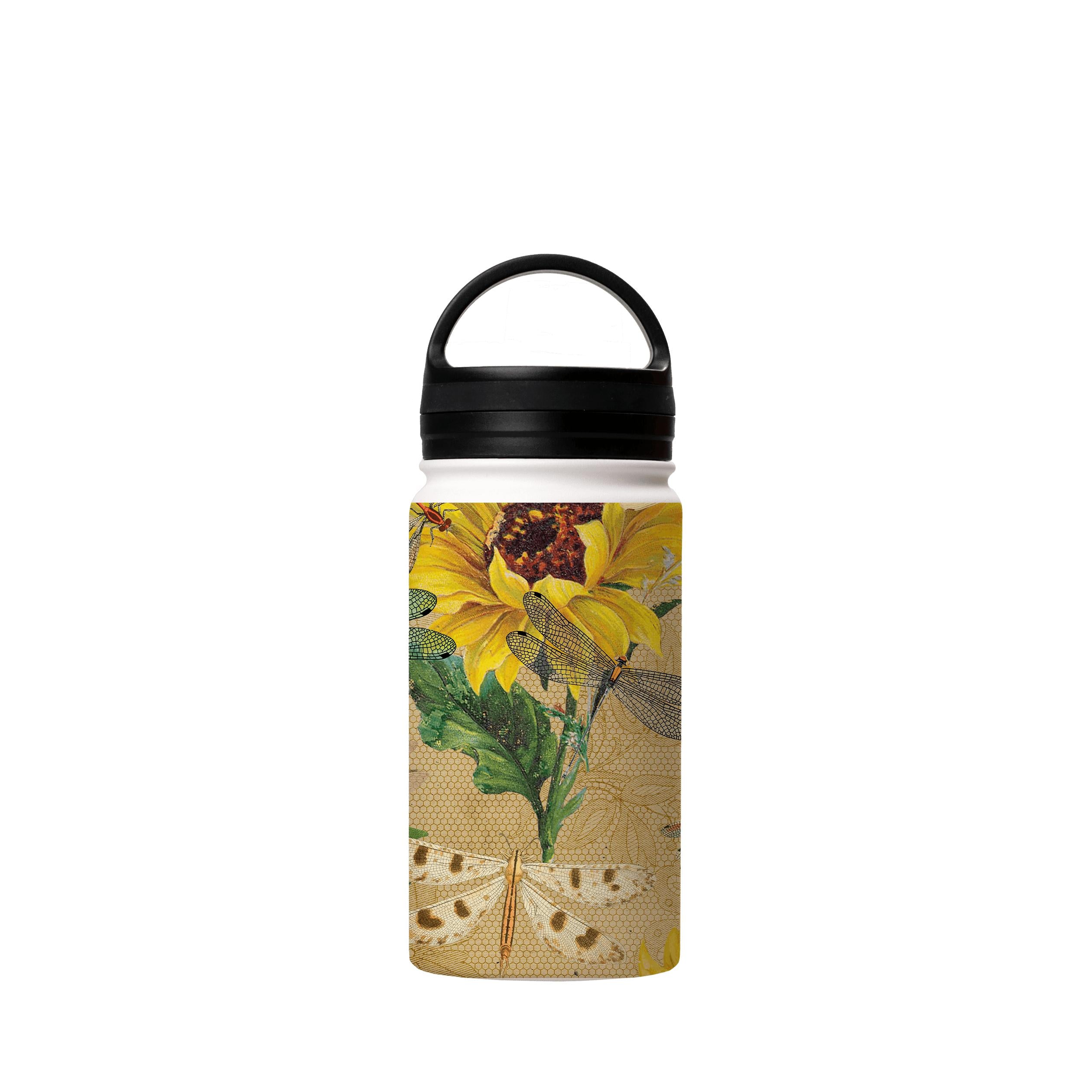 Water Bottles-Dragons And Sunflowers Insulated Stainless Steel Water Bottle-12oz (350ml)-handle cap-Insulated Steel Water Bottle Our insulated stainless steel bottle comes in 3 sizes- Small 12oz (350ml), Medium 18oz (530ml) and Large 32oz (945ml) . It comes with a leak proof cap Keeps water cool for 24 hours Also keeps things warm for up to 12 hours Choice of 3 lids ( Sport Cap, Handle Cap, Flip Cap ) for easy carrying Dishwasher Friendly Lightweight, durable and easy to carry Reusable, so it's 