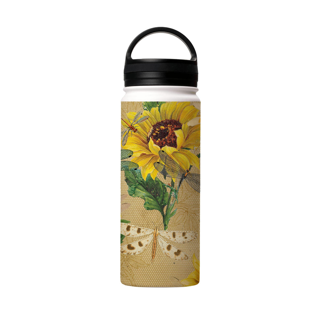 Water Bottles-Dragons And Sunflowers Insulated Stainless Steel Water Bottle-18oz (530ml)-handle cap-Insulated Steel Water Bottle Our insulated stainless steel bottle comes in 3 sizes- Small 12oz (350ml), Medium 18oz (530ml) and Large 32oz (945ml) . It comes with a leak proof cap Keeps water cool for 24 hours Also keeps things warm for up to 12 hours Choice of 3 lids ( Sport Cap, Handle Cap, Flip Cap ) for easy carrying Dishwasher Friendly Lightweight, durable and easy to carry Reusable, so it's 