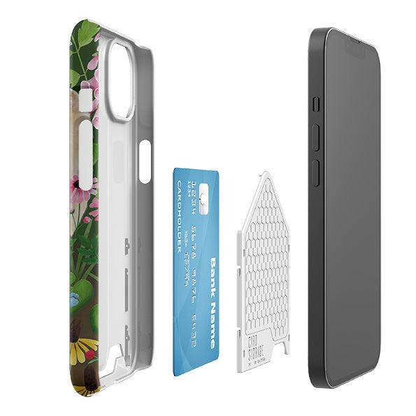Hard plastic phone case with fox and foxglove floral print, featuring a sliding hidden card slot for credit cards.