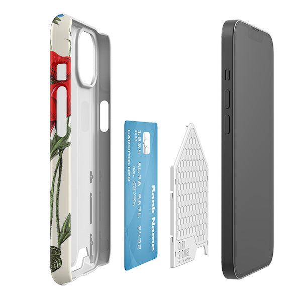 Floral phone case with a hidden sliding card slot, featuring a vibrant poppy design and a credit card insert.