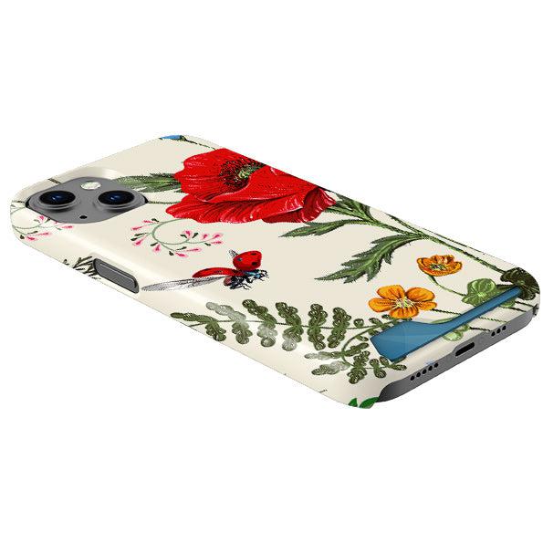 Cream-colored phone case with red poppy flowers, green ferns, and a ladybug print featuring a sliding hidden card slot.