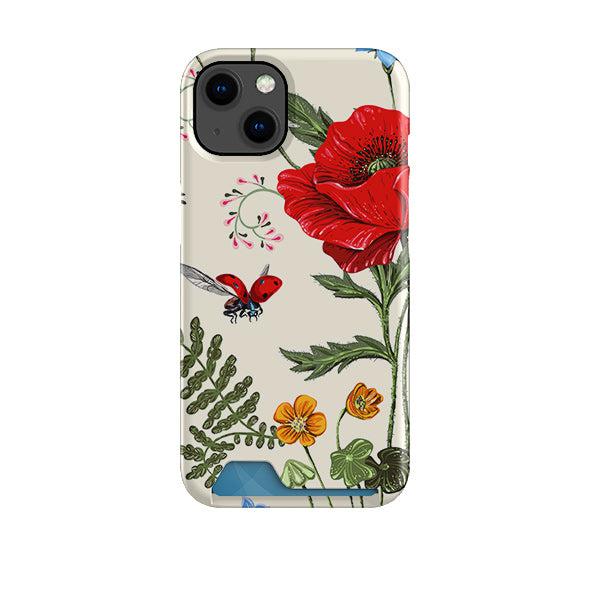 Hard plastic phone case with a cream background, red poppy, ladybug, and floral print featuring a hidden card slot.