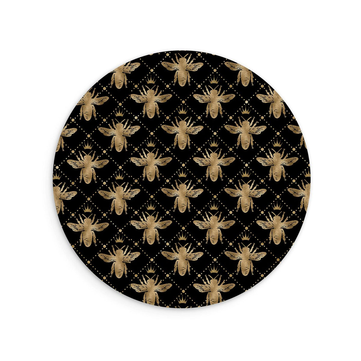 Tapis de souris rond en cuir vegan avec un motif d'abeille et de couronne noir et or sur une surface texturée à croisements.