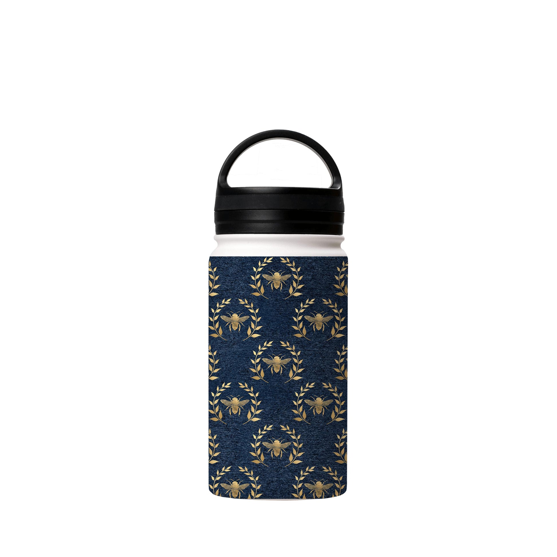 Water Bottles-Golden Bees Blue Insulated Stainless Steel Water Bottle-12oz (350ml)-handle cap-Insulated Steel Water Bottle Our insulated stainless steel bottle comes in 3 sizes- Small 12oz (350ml), Medium 18oz (530ml) and Large 32oz (945ml) . It comes with a leak proof cap Keeps water cool for 24 hours Also keeps things warm for up to 12 hours Choice of 3 lids ( Sport Cap, Handle Cap, Flip Cap ) for easy carrying Dishwasher Friendly Lightweight, durable and easy to carry Reusable, so it's safe f