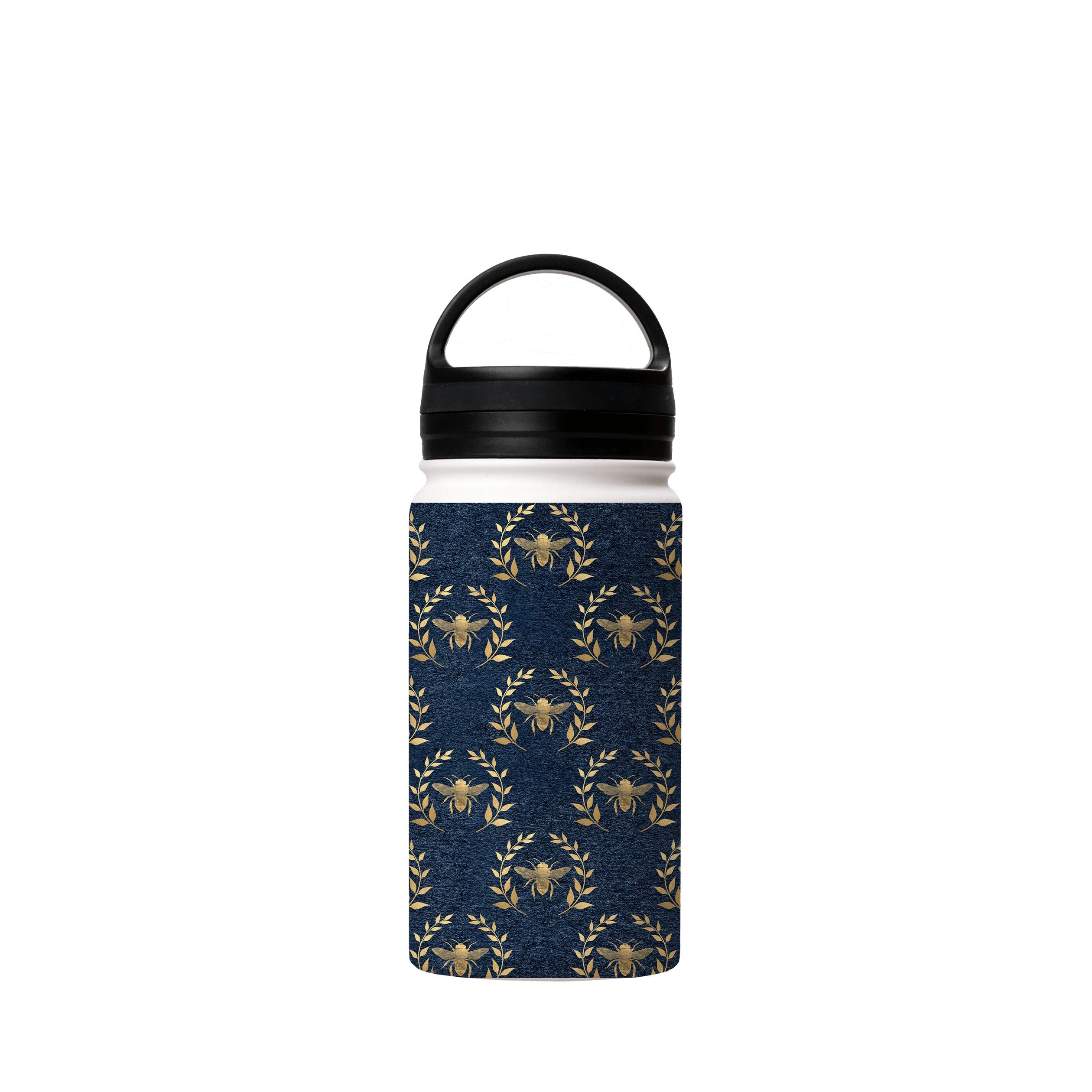 Water Bottles-Golden Bees Blue Insulated Stainless Steel Water Bottle-12oz (350ml)-handle cap-Insulated Steel Water Bottle Our insulated stainless steel bottle comes in 3 sizes- Small 12oz (350ml), Medium 18oz (530ml) and Large 32oz (945ml) . It comes with a leak proof cap Keeps water cool for 24 hours Also keeps things warm for up to 12 hours Choice of 3 lids ( Sport Cap, Handle Cap, Flip Cap ) for easy carrying Dishwasher Friendly Lightweight, durable and easy to carry Reusable, so it's safe f