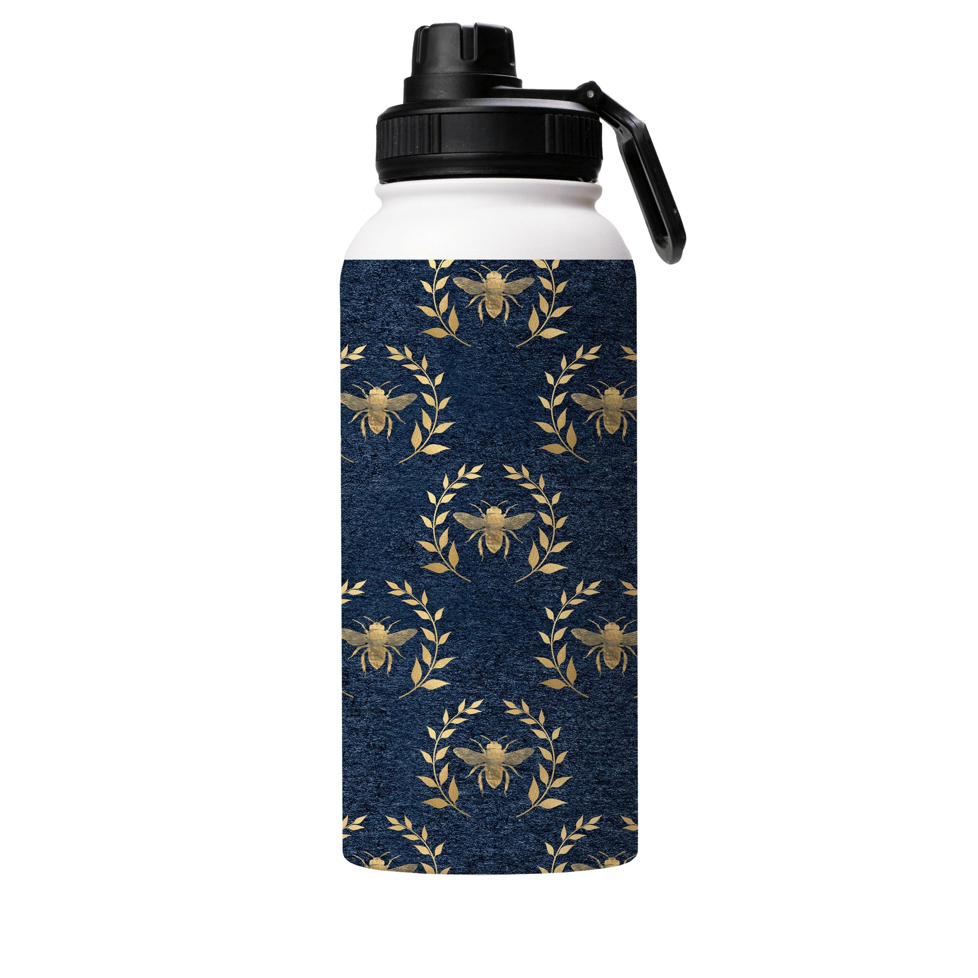 Water Bottles-Golden Bees Blue Insulated Stainless Steel Water Bottle-32oz (945ml)-Sport cap-Insulated Steel Water Bottle Our insulated stainless steel bottle comes in 3 sizes- Small 12oz (350ml), Medium 18oz (530ml) and Large 32oz (945ml) . It comes with a leak proof cap Keeps water cool for 24 hours Also keeps things warm for up to 12 hours Choice of 3 lids ( Sport Cap, Handle Cap, Flip Cap ) for easy carrying Dishwasher Friendly Lightweight, durable and easy to carry Reusable, so it's safe fo