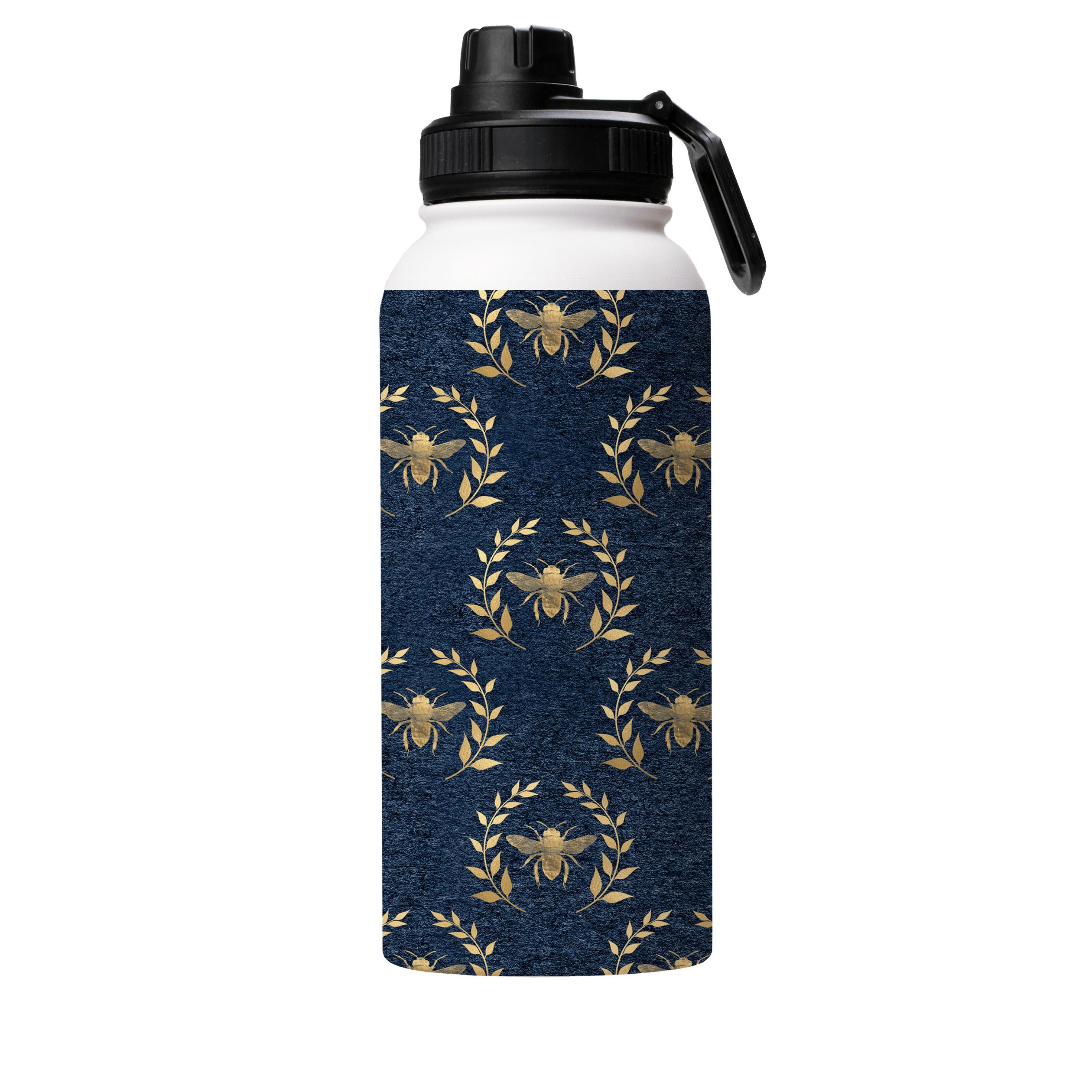 Water Bottles-Golden Bees Blue Insulated Stainless Steel Water Bottle-32oz (945ml)-Sport cap-Insulated Steel Water Bottle Our insulated stainless steel bottle comes in 3 sizes- Small 12oz (350ml), Medium 18oz (530ml) and Large 32oz (945ml) . It comes with a leak proof cap Keeps water cool for 24 hours Also keeps things warm for up to 12 hours Choice of 3 lids ( Sport Cap, Handle Cap, Flip Cap ) for easy carrying Dishwasher Friendly Lightweight, durable and easy to carry Reusable, so it's safe fo