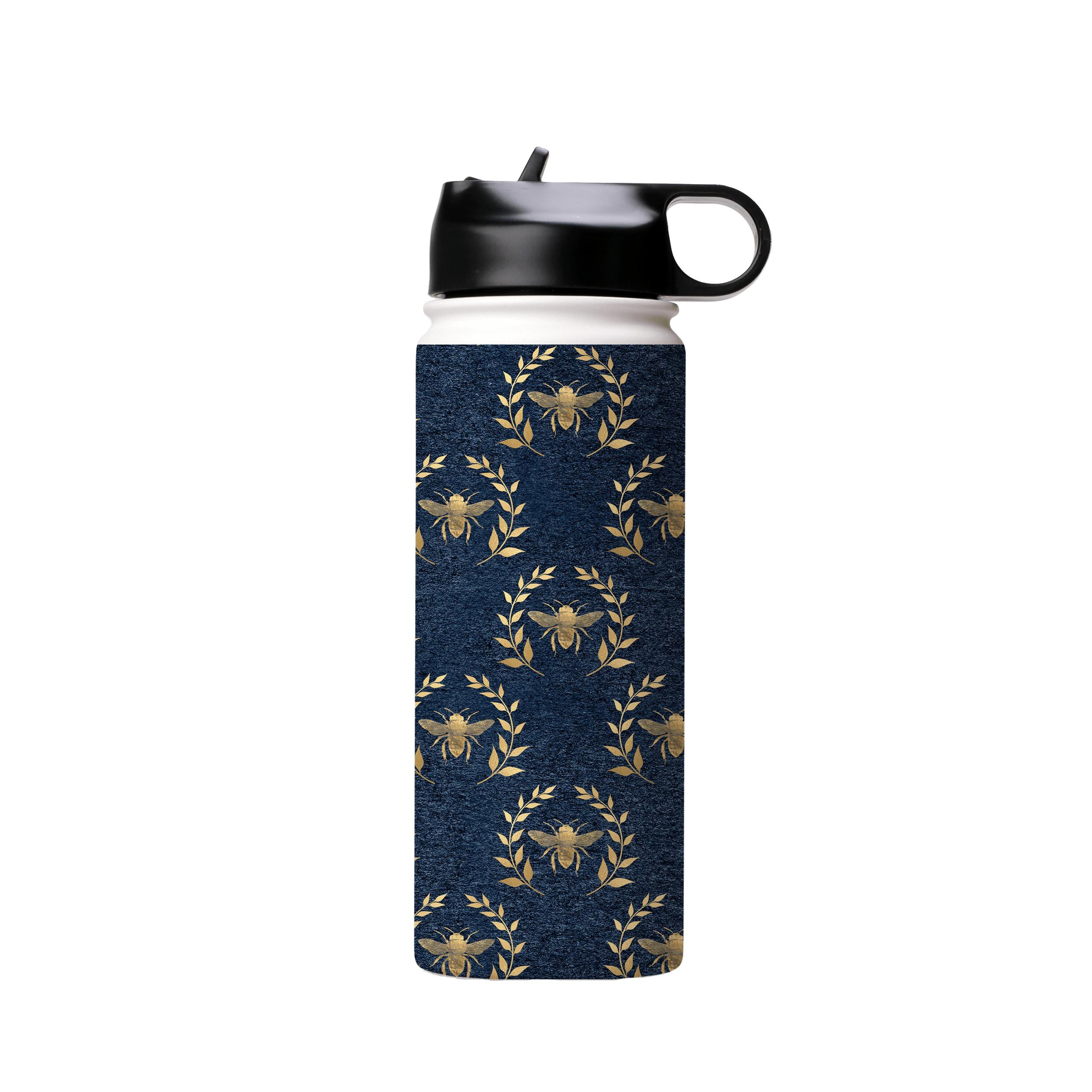 Water Bottles-Golden Bees Blue Insulated Stainless Steel Water Bottle-18oz (530ml)-Flip cap-Insulated Steel Water Bottle Our insulated stainless steel bottle comes in 3 sizes- Small 12oz (350ml), Medium 18oz (530ml) and Large 32oz (945ml) . It comes with a leak proof cap Keeps water cool for 24 hours Also keeps things warm for up to 12 hours Choice of 3 lids ( Sport Cap, Handle Cap, Flip Cap ) for easy carrying Dishwasher Friendly Lightweight, durable and easy to carry Reusable, so it's safe for