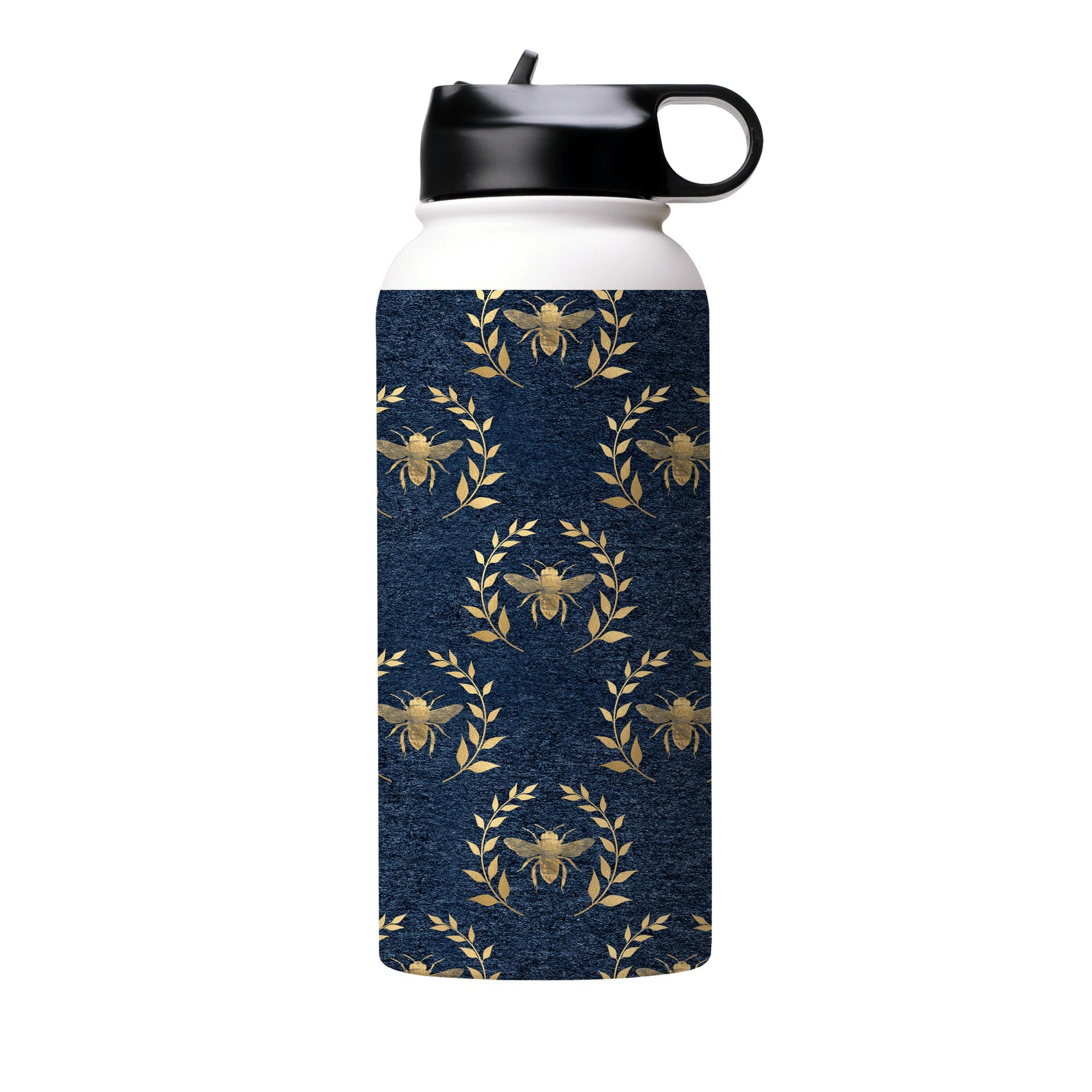 Water Bottles-Golden Bees Blue Insulated Stainless Steel Water Bottle-32oz (945ml)-Flip cap-Insulated Steel Water Bottle Our insulated stainless steel bottle comes in 3 sizes- Small 12oz (350ml), Medium 18oz (530ml) and Large 32oz (945ml) . It comes with a leak proof cap Keeps water cool for 24 hours Also keeps things warm for up to 12 hours Choice of 3 lids ( Sport Cap, Handle Cap, Flip Cap ) for easy carrying Dishwasher Friendly Lightweight, durable and easy to carry Reusable, so it's safe for